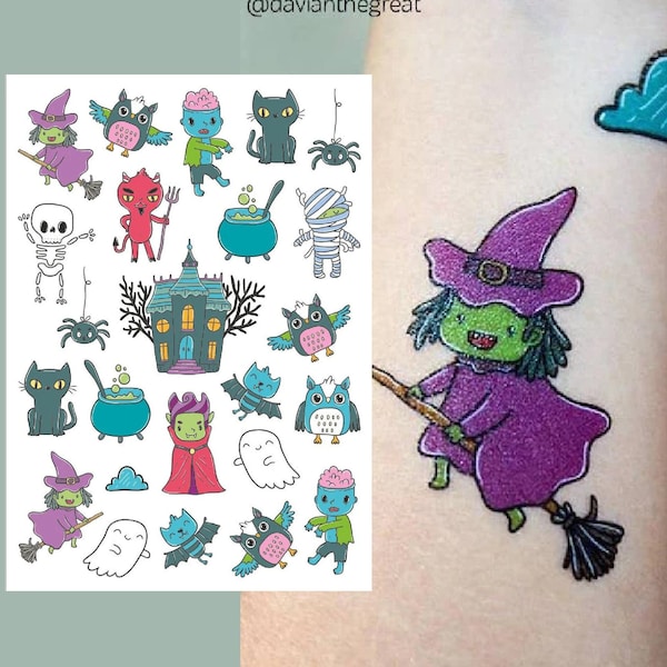 Halloween Temporary Tattoo Transfers. No Candy Trick-Or-Treat Favors. Spooky Kids Body Stickers of Dracula, Witch, Zombie, Devil, Owl, Ghost