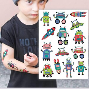 Robots Temporary Tattoo Transfers. Out of Space Kid's Birthday Party Favors, Aliens UFO and Spaceships Body Stickers. Cosmos Party Theme