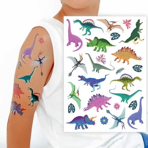 Dinosaur Party Temporary Tattoo Transfers. Big Set of Body Stickers For Kids. T-Rex, Triceratops, Diplodocus And More. Birthday Party Favors