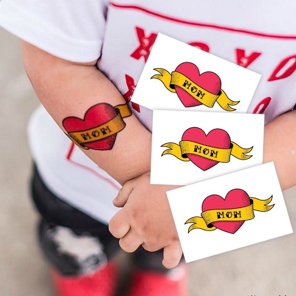 Love Mom Temporary Tattoo Transfers. Set of 3 Kids Fake Tatts. Mother's Day Gift, Body Stickers Also Great As Toddler Photoshoot Prop!