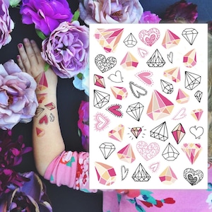 Diamonds And Hearts Temporary Tattoo Transfers. She&#39;s a Gem Party Favors. Wedding And Bachelorette Party Body Stickers. Kids Table Favors.