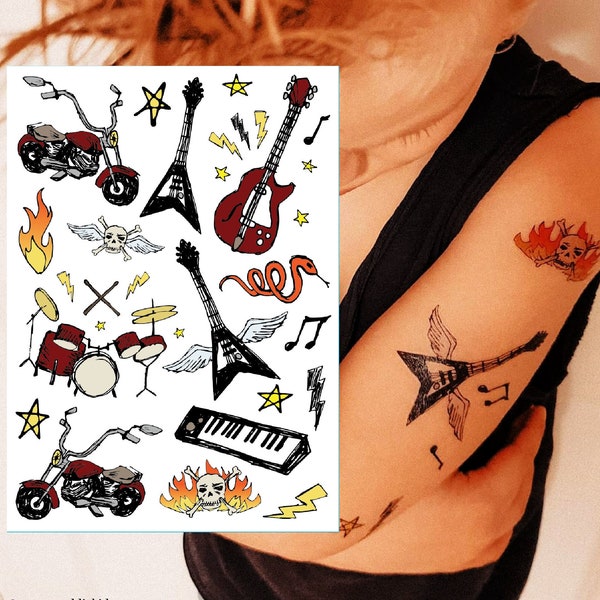 Transferts de tatouage temporaire pour fête rock and roll. Déguisements Rockstar pour enfants : guitares, motos, batterie. Cadeaux rock.