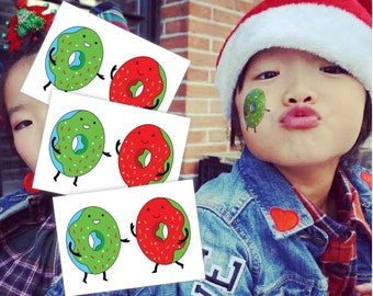 Christmas Donuts Temporary Tattoo Transfers. Red and Green Glazed Doughnuts Body Stickers. Gifts For Kids. Party Favors. Stocking Stuffers.