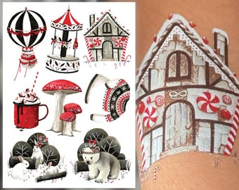 Winter Wonderland Temporary Tattoo Transfers. Merry-go-round and Cozy Winter Body Stickers For Kids. Xmas Party Favors. Stocking Stuffers.