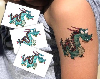 Comic Style Dragon Temporary Tattoo Set of 3 Transfers. Kids Body Stickers of Asian Dragon. Chinese Traditional Party Favors And Gifts.