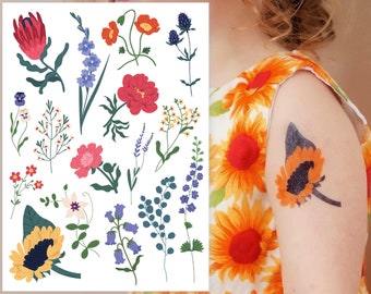 Transferts de tatouage temporaire de fleurs et d'herbes. Lot de 16 stickers floraux pour enfants. Idées de fête sur le thème des fleurs, Jardin, Cadeaux pour fête