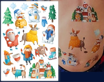 Christmas Party Temporary Tattoo Transfers. Winter Cartoon Characters: Santa Claus, Snowman And More Body Stickers. Kids Stocking Stuffers