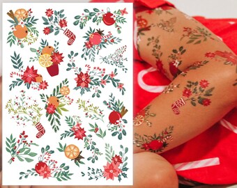 Christmas Flowers Temporary Tattoo Transfers. Xmas Stocking Stuffers, Winter Florals, Candy Cane, Poinsettia Bouquets Body Stickers For Kids