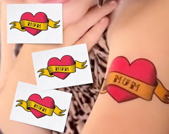 Love Mum Temporary Tattoo Set: Heart & Ribbon Body Stickers