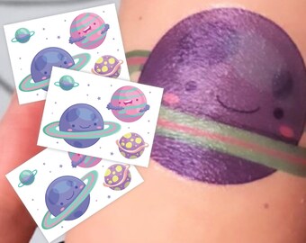 Space Party Temporary Tattoo Transfers. Set of Body Stickers for Kids. Solar System Planets. Cosmic Party Favors