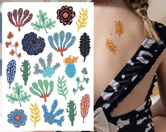 Transferts temporaires de tatouage de plantes magiques. 21 stickers inspirés de la musique psychédélique et de l'époque des hippies. Cadeaux d'anniversaire Fleurs magiques