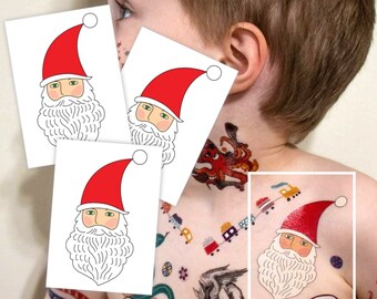 Santa Claus Temporary Tattoo Transfers. Set of 3 Santa Kid's Body Stickers. Funny Christmas Stocking Stuffers For Kids, Xmas Party Gifts.