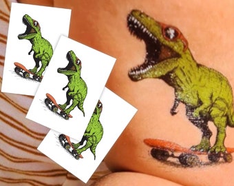 Dinosaur Party Temporary Tattoo Transfers. Set of 3 T-Rex on a Skateboard Body Stickers For Kids. Dino Rooar! Birthday Party Favors.