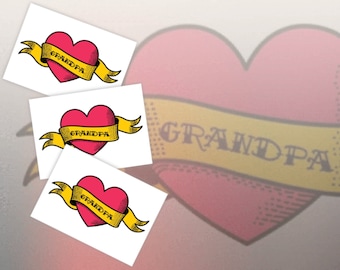 Love Grandpa 3 Temporary Tattoo Transfers. Body Stickers To Trick Your Grandfather at Fathers Day. Granddad Birthday Party Gift. Grandchild