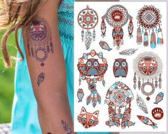 Dream Catchers Temporary Tattoo Transfers. Ethnic Amulets, Feathers, Owl, Fox Body Stickers for kids. Boho party favors, costume accessories