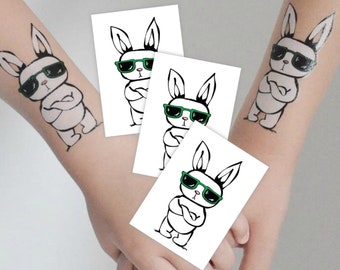 Rad Rabbit Temporary Tattoo Transfers. Hipster Style Cool Bunny In Sunglasses Body Stickers. Birthday Party Favors, Gift for Kids.