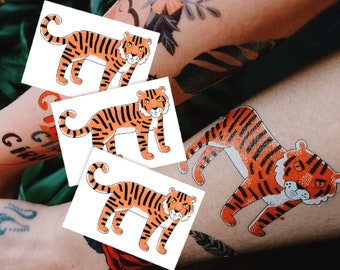 Tiger Temporary Tattoo Transfers. Jungle Baby Shower, Wild Child Birthday Party Favors. Comic Style High Quality Kids Body Stickers.