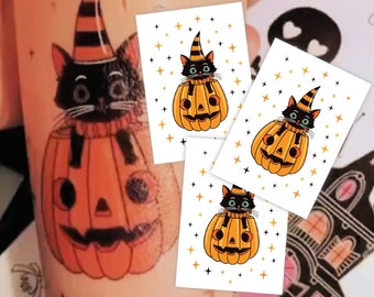 Black Kitten Halloween Temporary Tattoo Transfer. Trick-or-Treating Non-Candy Treat. Set of 3 Body Stickers For Kids. Party Favors.