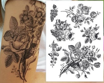 Transferts de tatouage temporaire fleurs vintage. 6 stickers muraux bouquets de fleurs rétro à l'encre noire. Carte de voeux grande fleur. Cadeaux rustiques.