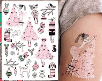 Pink Christmas Temporary Tattoo Transfers. Big Set of Body Stickers For Kids. Girly Pink Style Christmas Tree And More. Xmas Party Favors.