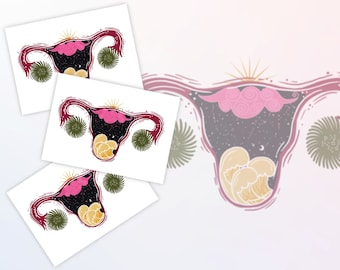 Transferts temporaires de tatouages d'organes reproducteurs internes féminins. Lot de 3 stickers pour le corps. Aide visuelle. Image artistique.