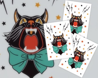 Vampire Cat Halloween Temporary Tattoo Transfer. Trick-or-Treating Non-Candy Treat. Set of 3 Body Stickers For Kids. Party Favors.