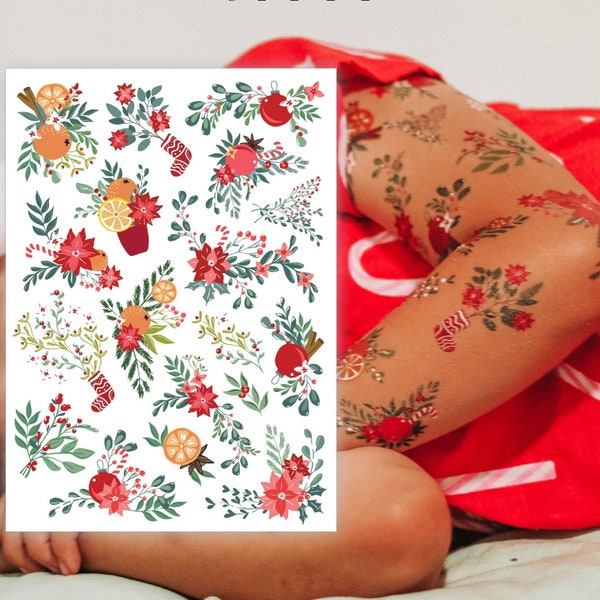 Christmas Flowers Temporary Tattoo Transfers. Xmas Stocking Stuffers, Winter Florals, Candy Cane, Poinsettia Bouquets Body Stickers For Kids