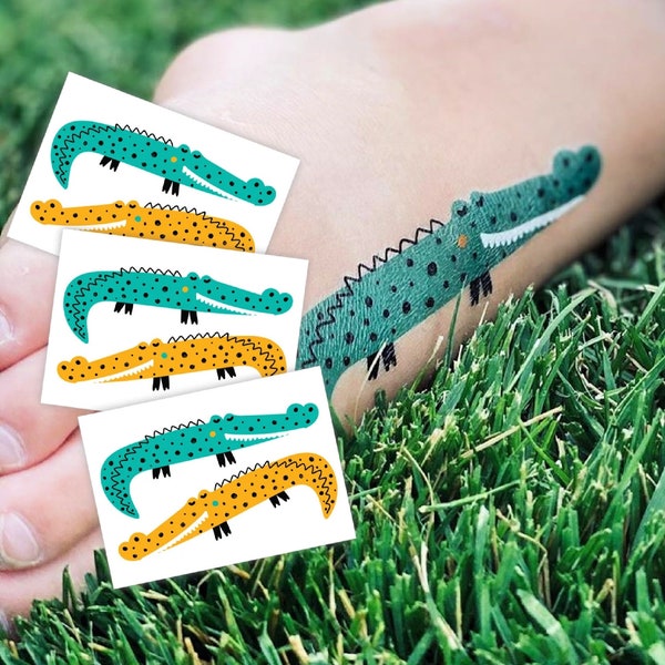 Crocodiles Temporary Tattoo Transfers. Set of 3 Sheets, 2 Scandinavian Style Croco Body Stickers On Each One. Birthday Party Favors For Kids