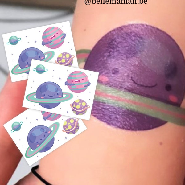 Space Party Temporary Tattoo Transfers. Set of Body Stickers for Kids. Solar System Planets. Cosmic Party Favors