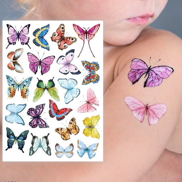 Butterflies Temporary Tattoo Transfers. Big Set of 21 Watercolor Butterfly Body Stickers. Gift For Kids. Wedding Kids Table, Party Favors.