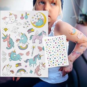 Unicorn Party Temporary Tattoos. Magic Rainbow Unicorns Birthday Favors. Face Freckles with Colorful Stars and Speckles.