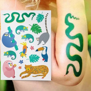 Dschungel-Party temporäre Tattoo-Transfers von Wildtieren. Dschungel Safari Tiere Körper Aufkleber. Zwei im Zoo Gastgeschenke zum Kindergeburtstag.