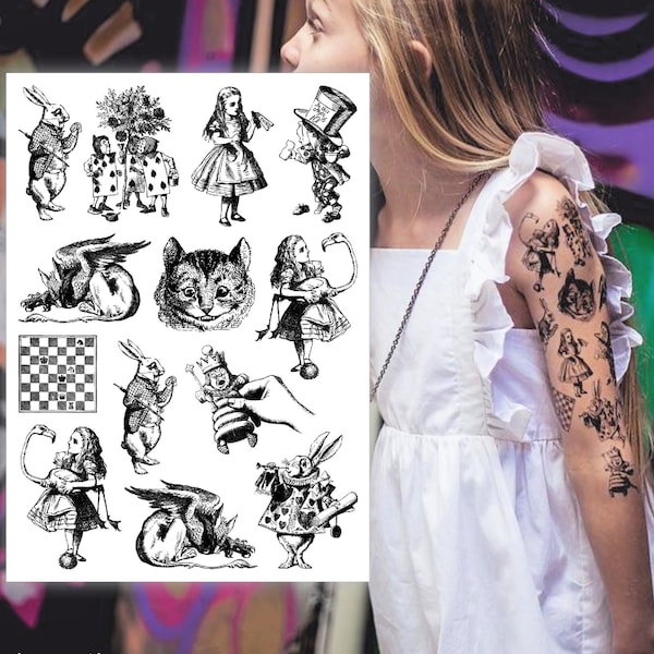 Alice Adventures Temporary Tattoo Transfers. Cheshire Cat, Hatter, White Rabbit Book Illustrations Body Stickers. Wonderland Party Favors.