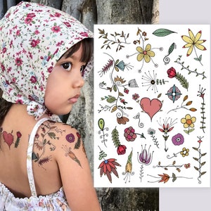 Flower Temporary Tattoo Transfers. Romantic Set of Body Stickers of Cute Flowers and Leaves with a Heart. Wedding, Birthday Party Favors.