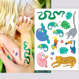 Jungle Party Temporary Tattoo Transfers of Wild Animals. Jungle Safari Animals Body Stickers. Two At The Zoo Kids Birthday Party Favors.