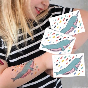 Narwhal Temporary Tattoo Transfers. 3 Body Stickers of Magic Under The Sea Unicorn. Narwhal Birthday Party Favors and Gifts For Kids.