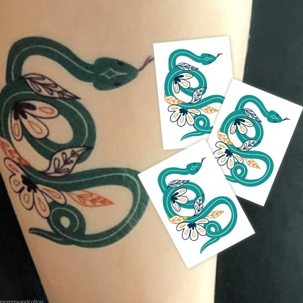 Bohemian Snakes Temporary Tattoo Transfers. Set of 3 Green Snake With Flowers Body Stickers. Classic Style Designed Temp Tatts For Kids.