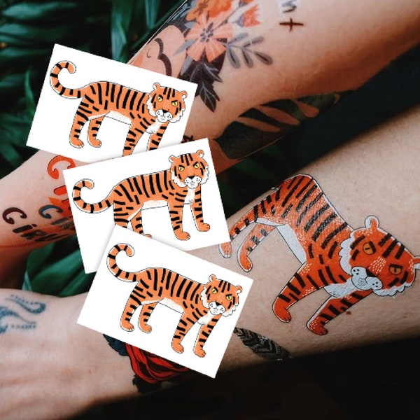 Tiger Temporary Tattoo Transfers. Jungle Baby Shower, Wild Child Birthday Party Favors. Comic Style High Quality Kids Body Stickers.