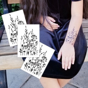 Wild Herbs Temporary Tattoo Transfers. Classic Black Ink Flowers Set of 3 Body Stickers. Floral Party Favors, Flower Party Supply, Gifts.