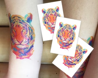 Tiger Temporary Tattoo Transfers. Jungle Animal Painting. Watercolor Design. Set of 3 Body Stickers. Kids Tiger Party. Jungle Party Favors.
