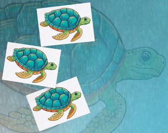 Sea Turtle Temporary Tattoo Transfers. Set of 3 Marine Reptiles Body Stickers for Kids. Retro Cartoon Style. Wild Animals Party Favors.