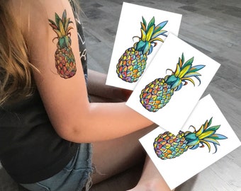 Pineapple Temporary Tattoo Transfers. Kids Body Stickers. Luau Birthday Party Supplies. Pineaple and Tropical Party Favors and Bag Supply.