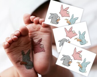 Transferts de tatouage temporaire de lapins de Pâques. Stickers corps pour enfants, 9 lapins au total. Cadeaux de panier de Pâques. Le plus mignon des petits lapins de Pâques !