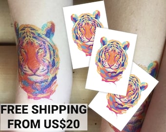 Set of 3 temporary tattoo transfers Tiger. Watercolor design with abstrast jungle animal. Jungle party favors, tiger party body stickers.