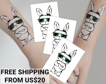 Rad Rabbit set of 3 temporary tattoo transfers. Hipster style cool bunny in sunglasses body stickers. Birthday party favors, gift for kids.