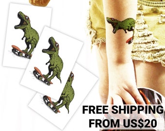 Dinosaur skateboard fake tatts. Set of 3 T-Rex temporary tattoo transfers. Rooar! Dinosaur party favors, skateboard birthday party gifts.