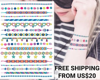 Temporary tattoo transfers "Arm candy". Chain with charms, hippie friendship tattoo bracelets body stickers. Girls party favors, gifts.
