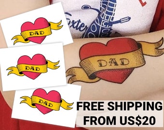 Father’s day temporary tattoo transfers. Set of 3 Love DAD kids body stickers. Fake tatts, father’s day funny gift for daddys girls and boys