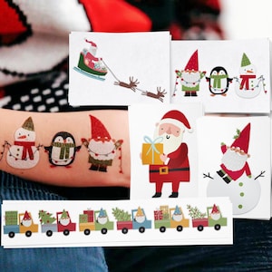 Christmas Temporary Tattoos of Santa Claus and Santa&#39;s Helpers: Reindeer, Snowman, Penguin, Gnomes. Stocking Stuffers For Kids.