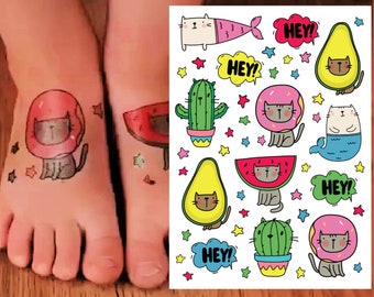 Cats Temporary Tattoo Transfers. Cactus Baby Shower, Kawaii Birthday Party. Cute Kids Body Stickers: Donuts, Mermaids, Avocado, Watermelon.